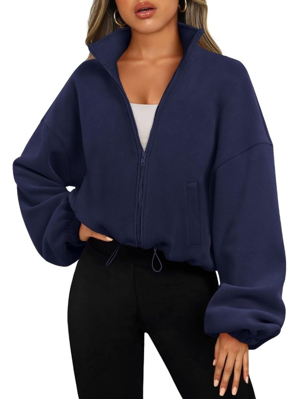 Women's Navy Long Sleeve ZIP Up Oversized Cropped Sweatshirts Fleece Jackets
